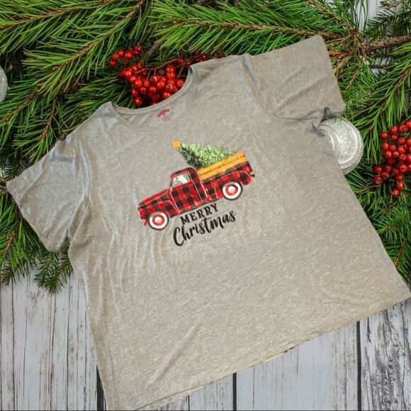 Nwt Short Sleeve Merry Christmas Truck & Tree on Heather Gray Tee - Picture 2 of 2